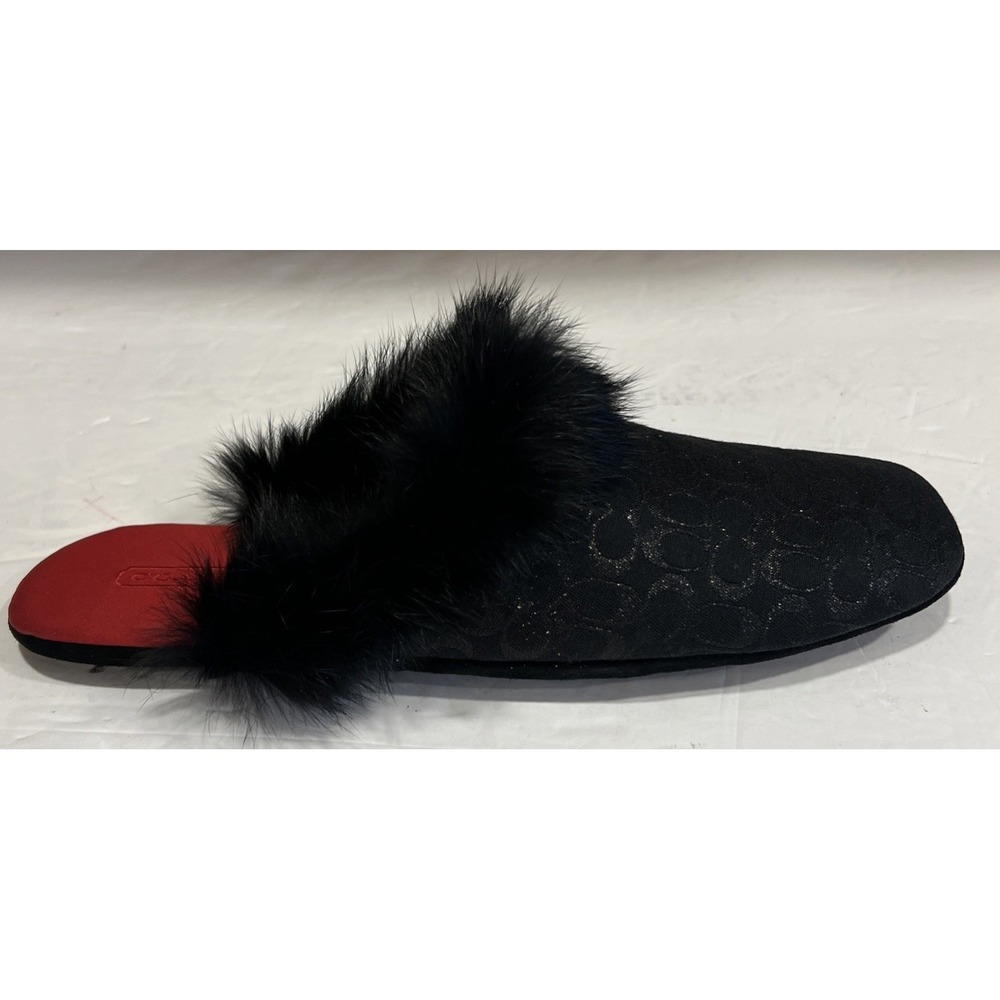 Coach Melody Black Fur Trim Red Interior C Logo Slippers Slip On Women's Size 8